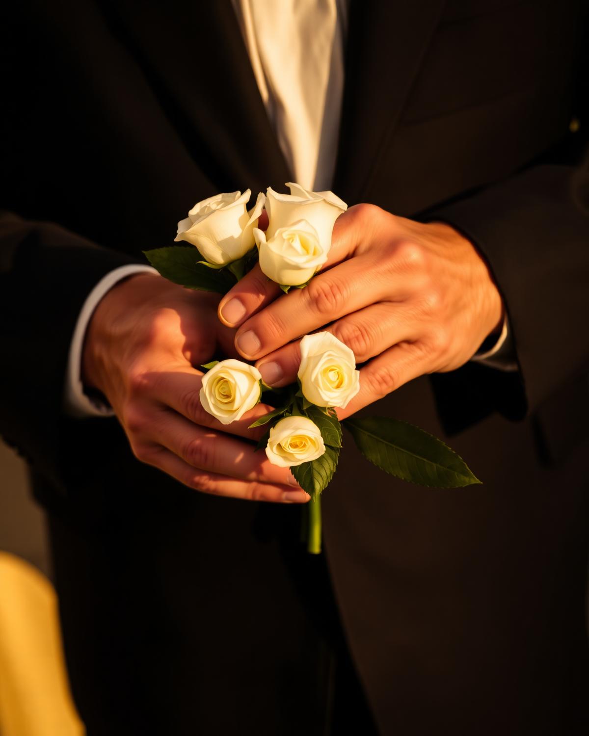 Mani che tengono un mazzo di rose bianche