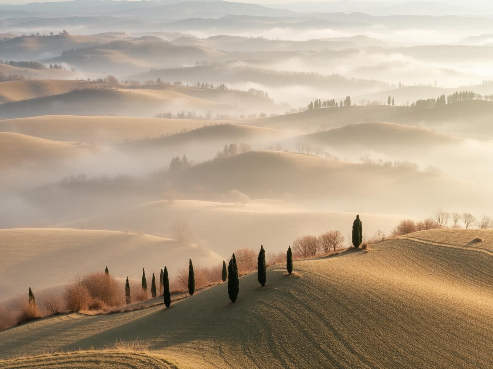 Colline umbre nella nebbia del mattino